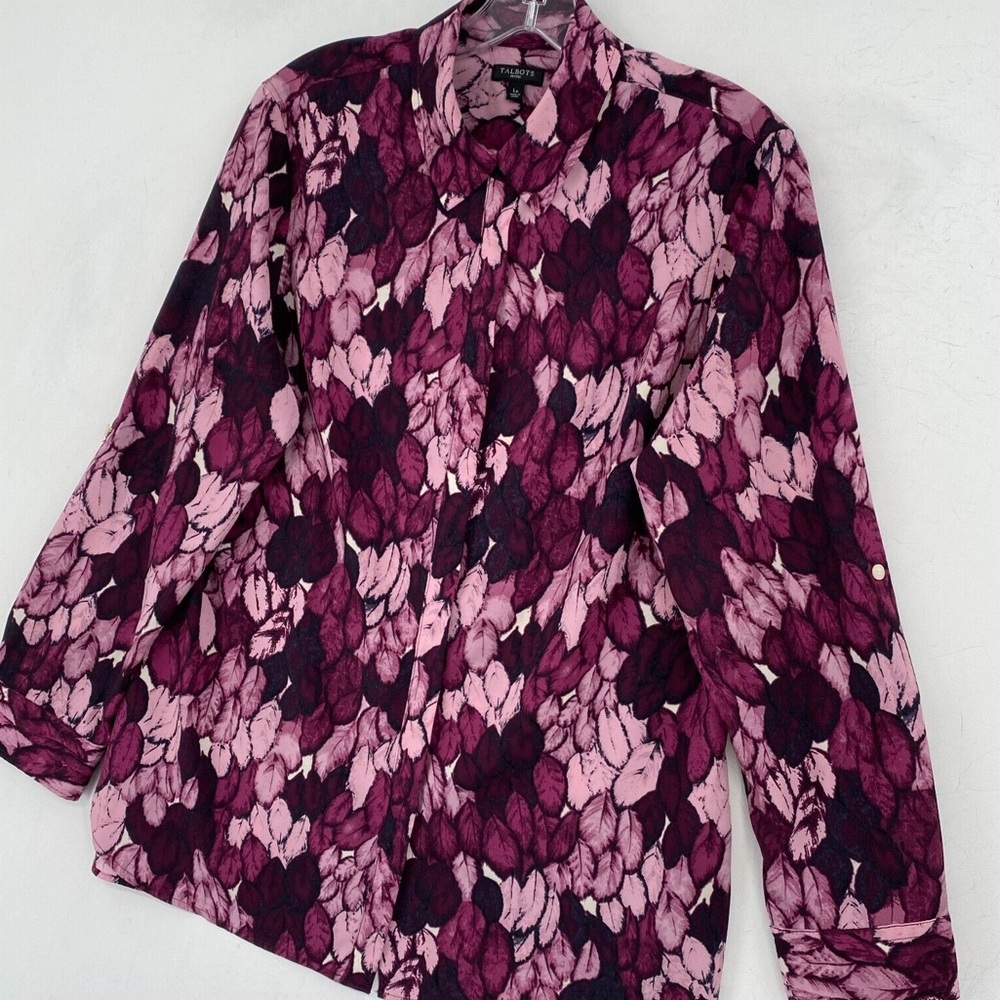 Talbots Petites Size PL Shirt Purple Pink Floral Long Sleeve Button Up Chiffon - Picture 2 of 7